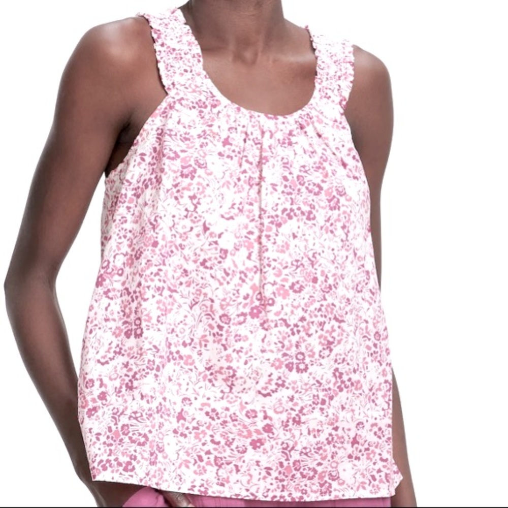 FLORAL PINK WHITE COTTON SLEEVELESS TOP SMOCKED STRAP